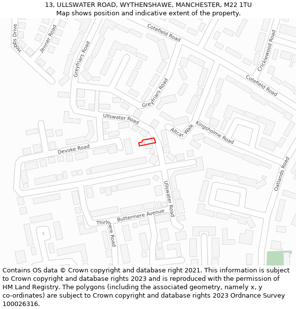 13, ULLSWATER ROAD, WYTHENSHAWE, MANCHESTER, M22 1TU: Location map and indicative extent of plot