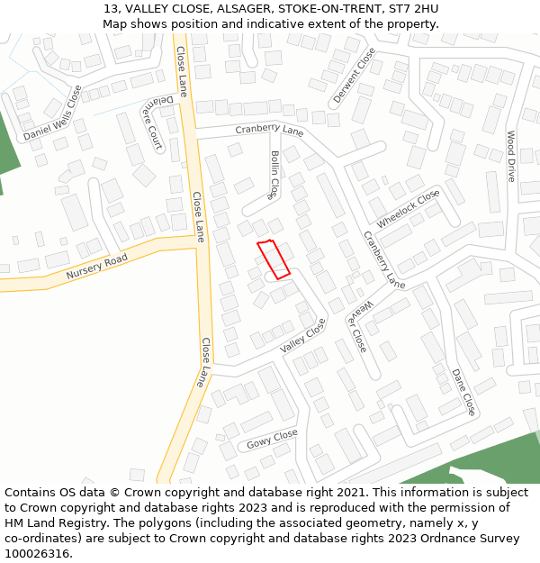 13, VALLEY CLOSE, ALSAGER, STOKE-ON-TRENT, ST7 2HU: Location map and indicative extent of plot