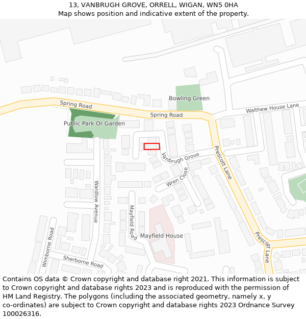 13, VANBRUGH GROVE, ORRELL, WIGAN, WN5 0HA: Location map and indicative extent of plot