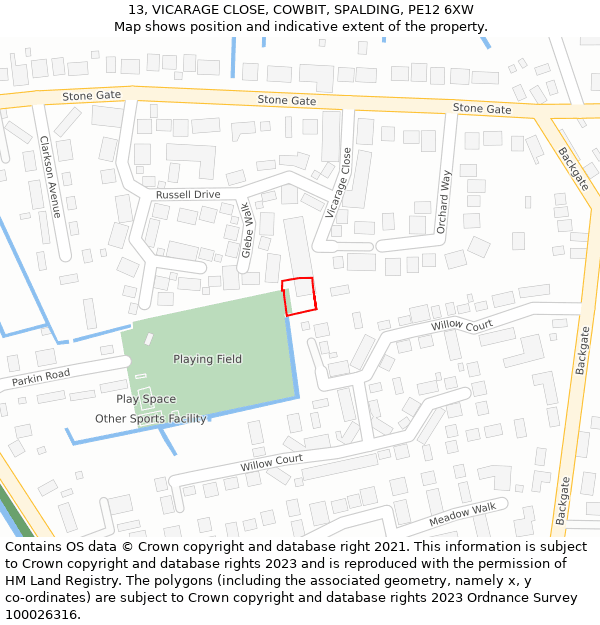 13, VICARAGE CLOSE, COWBIT, SPALDING, PE12 6XW: Location map and indicative extent of plot