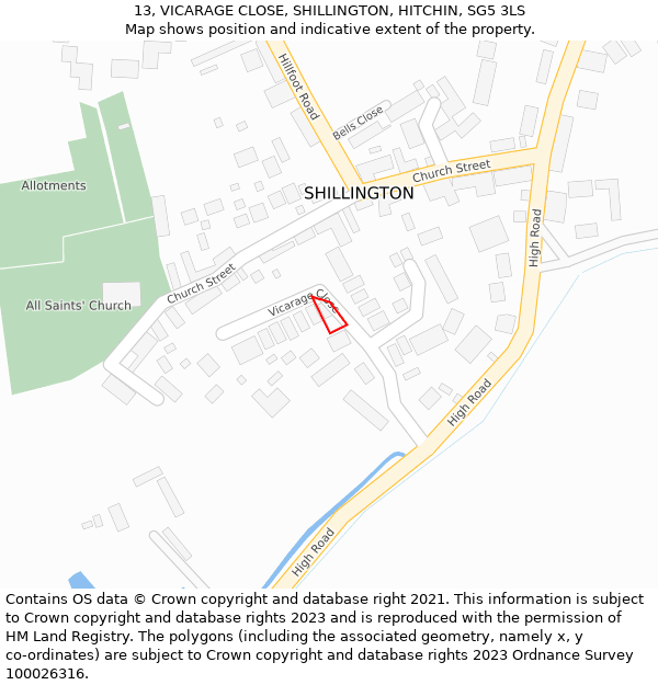 13, VICARAGE CLOSE, SHILLINGTON, HITCHIN, SG5 3LS: Location map and indicative extent of plot