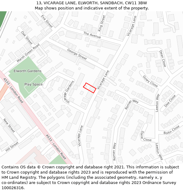 13, VICARAGE LANE, ELWORTH, SANDBACH, CW11 3BW: Location map and indicative extent of plot