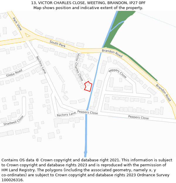 13, VICTOR CHARLES CLOSE, WEETING, BRANDON, IP27 0PF: Location map and indicative extent of plot