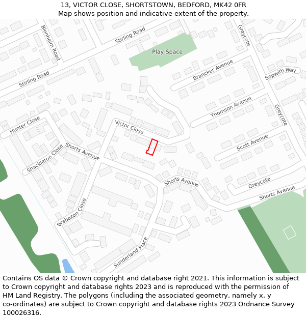 13, VICTOR CLOSE, SHORTSTOWN, BEDFORD, MK42 0FR: Location map and indicative extent of plot