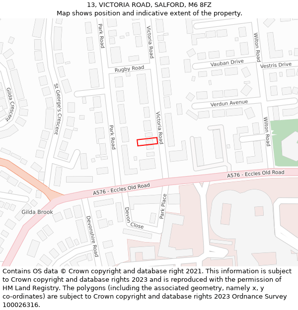 13, VICTORIA ROAD, SALFORD, M6 8FZ: Location map and indicative extent of plot
