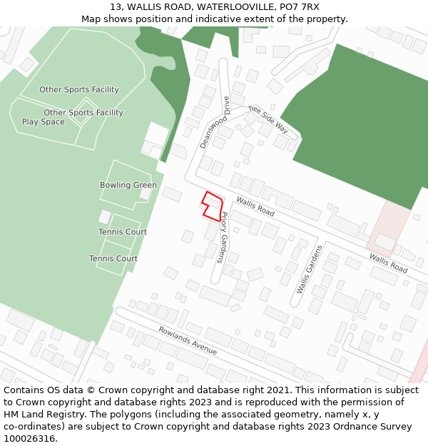 13, WALLIS ROAD, WATERLOOVILLE, PO7 7RX: Location map and indicative extent of plot