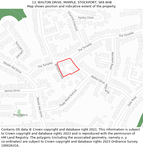 13, WALTON DRIVE, MARPLE, STOCKPORT, SK6 6HB: Location map and indicative extent of plot