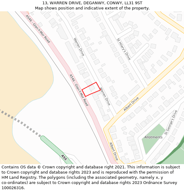 13, WARREN DRIVE, DEGANWY, CONWY, LL31 9ST: Location map and indicative extent of plot