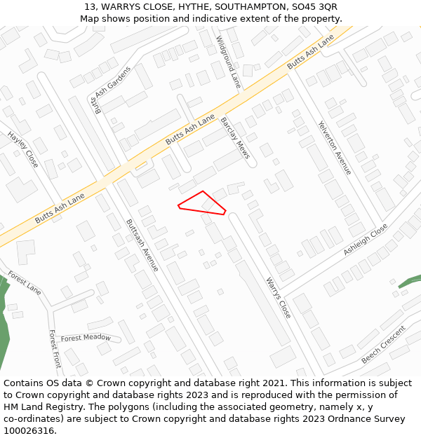 13, WARRYS CLOSE, HYTHE, SOUTHAMPTON, SO45 3QR: Location map and indicative extent of plot