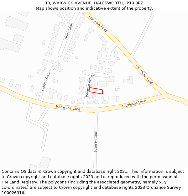 13, WARWICK AVENUE, HALESWORTH, IP19 8PZ: Location map and indicative extent of plot