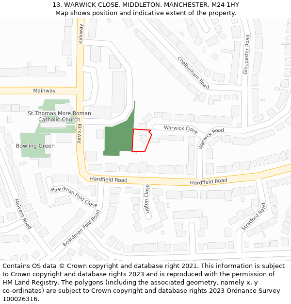 13, WARWICK CLOSE, MIDDLETON, MANCHESTER, M24 1HY: Location map and indicative extent of plot