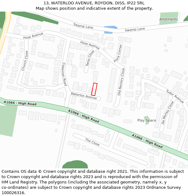 13, WATERLOO AVENUE, ROYDON, DISS, IP22 5RL: Location map and indicative extent of plot