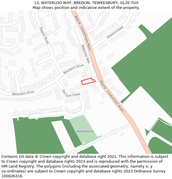 13, WATERLOO WAY, BREDON, TEWKESBURY, GL20 7UA: Location map and indicative extent of plot