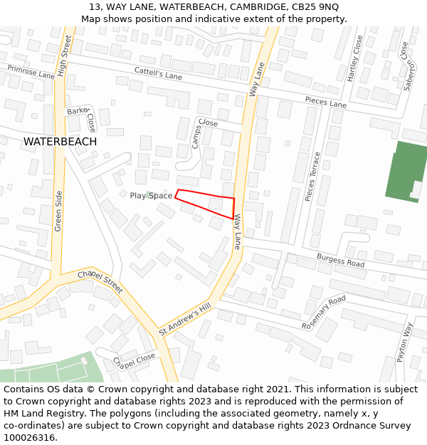 13, WAY LANE, WATERBEACH, CAMBRIDGE, CB25 9NQ: Location map and indicative extent of plot