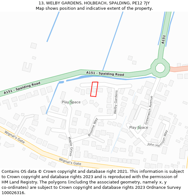 13, WELBY GARDENS, HOLBEACH, SPALDING, PE12 7JY: Location map and indicative extent of plot