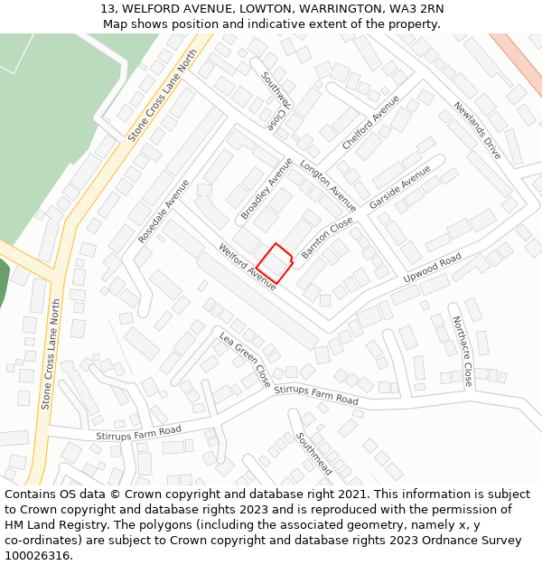 13, WELFORD AVENUE, LOWTON, WARRINGTON, WA3 2RN: Location map and indicative extent of plot