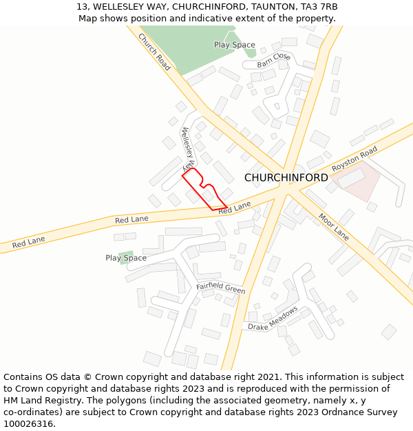 13, WELLESLEY WAY, CHURCHINFORD, TAUNTON, TA3 7RB: Location map and indicative extent of plot