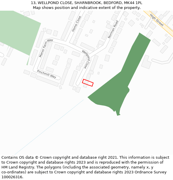 13, WELLPOND CLOSE, SHARNBROOK, BEDFORD, MK44 1PL: Location map and indicative extent of plot