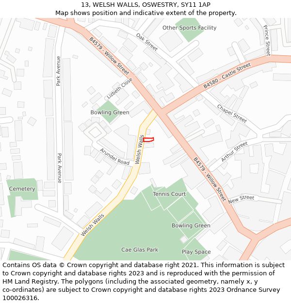 13, WELSH WALLS, OSWESTRY, SY11 1AP: Location map and indicative extent of plot