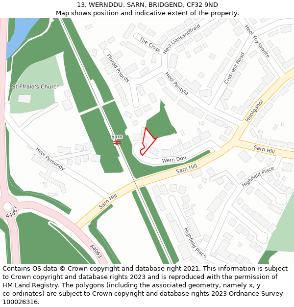 13, WERNDDU, SARN, BRIDGEND, CF32 9ND: Location map and indicative extent of plot