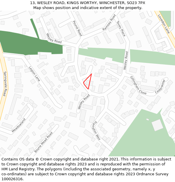 13, WESLEY ROAD, KINGS WORTHY, WINCHESTER, SO23 7PX: Location map and indicative extent of plot