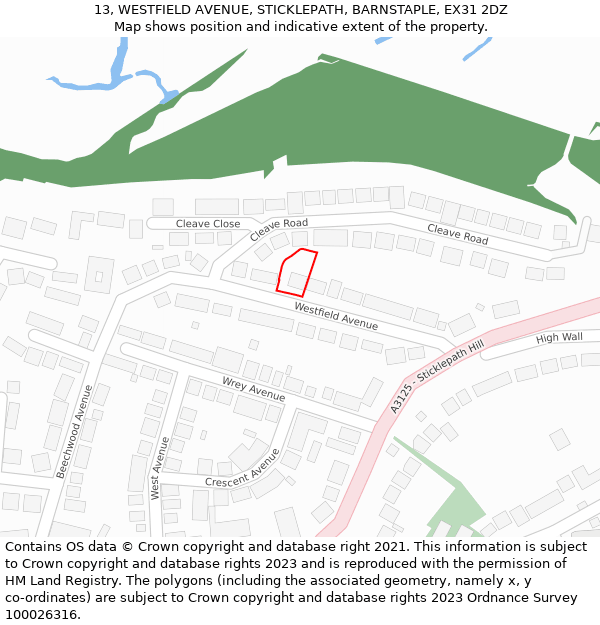 13, WESTFIELD AVENUE, STICKLEPATH, BARNSTAPLE, EX31 2DZ: Location map and indicative extent of plot