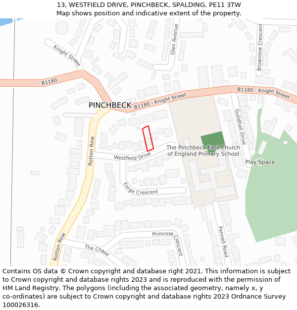 13, WESTFIELD DRIVE, PINCHBECK, SPALDING, PE11 3TW: Location map and indicative extent of plot