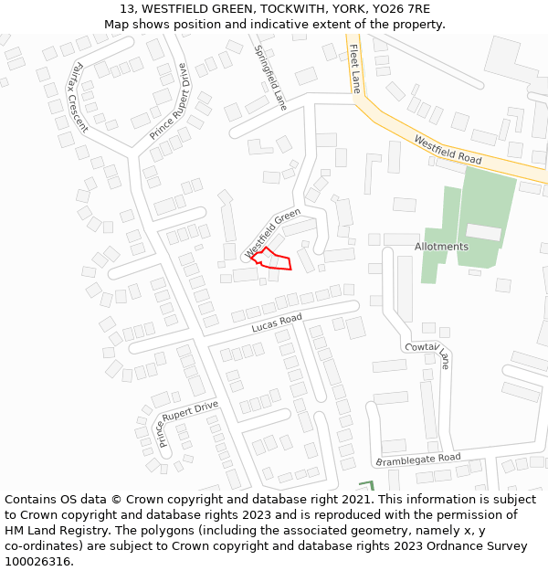 13, WESTFIELD GREEN, TOCKWITH, YORK, YO26 7RE: Location map and indicative extent of plot