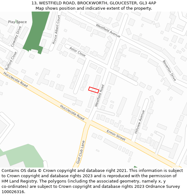 13, WESTFIELD ROAD, BROCKWORTH, GLOUCESTER, GL3 4AP: Location map and indicative extent of plot