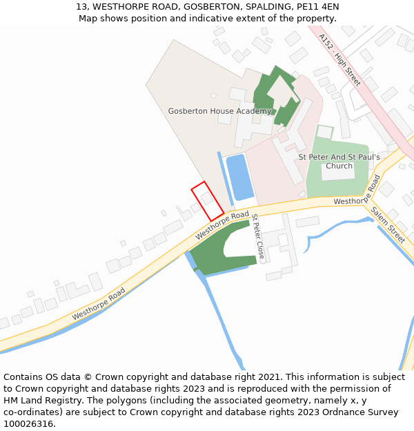 13, WESTHORPE ROAD, GOSBERTON, SPALDING, PE11 4EN: Location map and indicative extent of plot
