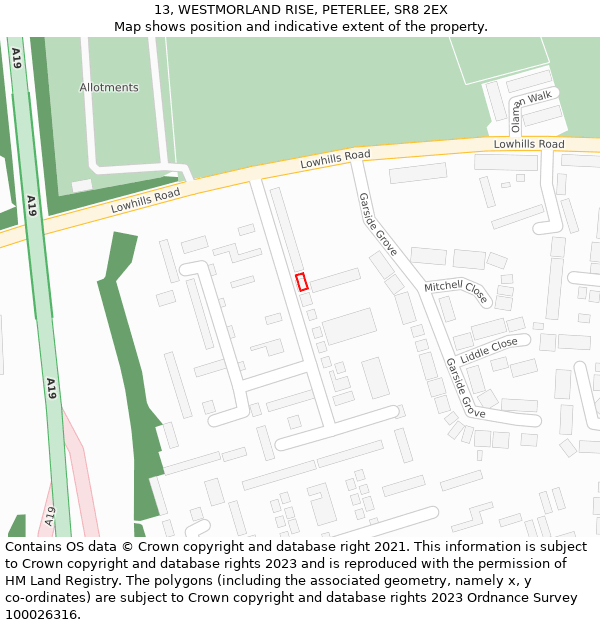 13, WESTMORLAND RISE, PETERLEE, SR8 2EX: Location map and indicative extent of plot