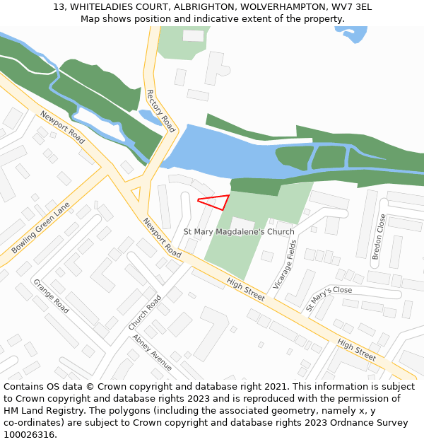 13, WHITELADIES COURT, ALBRIGHTON, WOLVERHAMPTON, WV7 3EL: Location map and indicative extent of plot