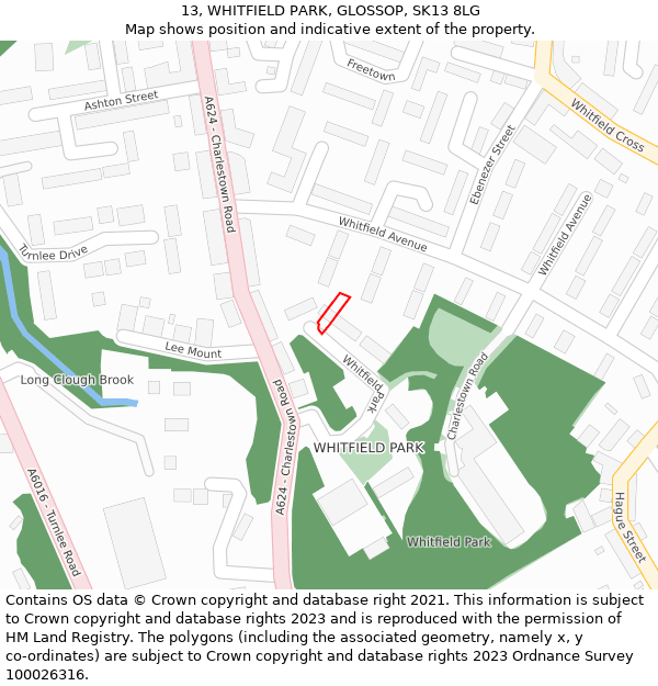 13, WHITFIELD PARK, GLOSSOP, SK13 8LG: Location map and indicative extent of plot