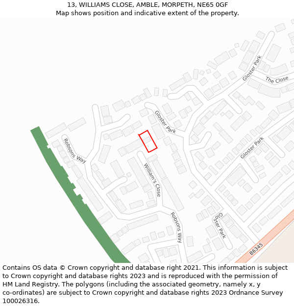 13, WILLIAMS CLOSE, AMBLE, MORPETH, NE65 0GF: Location map and indicative extent of plot