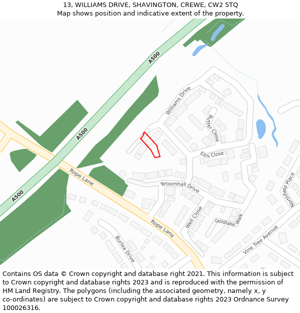 13, WILLIAMS DRIVE, SHAVINGTON, CREWE, CW2 5TQ: Location map and indicative extent of plot