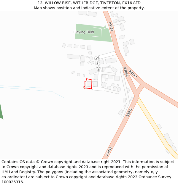 13, WILLOW RISE, WITHERIDGE, TIVERTON, EX16 8FD: Location map and indicative extent of plot