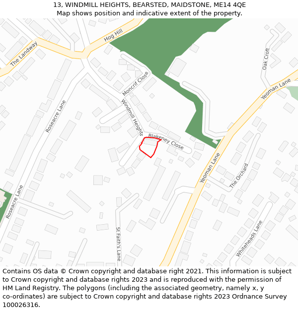 13, WINDMILL HEIGHTS, BEARSTED, MAIDSTONE, ME14 4QE: Location map and indicative extent of plot