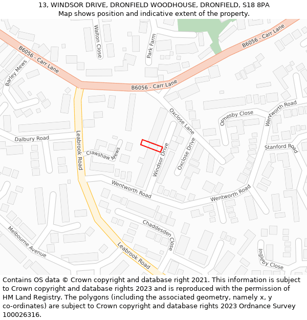 13, WINDSOR DRIVE, DRONFIELD WOODHOUSE, DRONFIELD, S18 8PA: Location map and indicative extent of plot