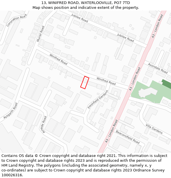 13, WINIFRED ROAD, WATERLOOVILLE, PO7 7TD: Location map and indicative extent of plot