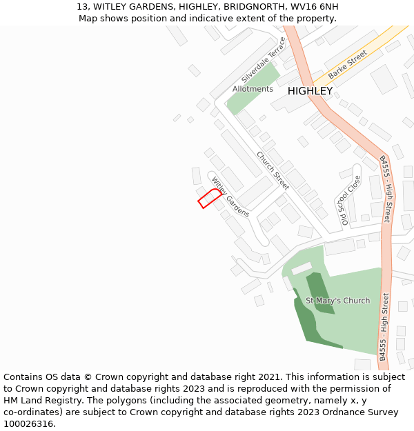 13, WITLEY GARDENS, HIGHLEY, BRIDGNORTH, WV16 6NH: Location map and indicative extent of plot