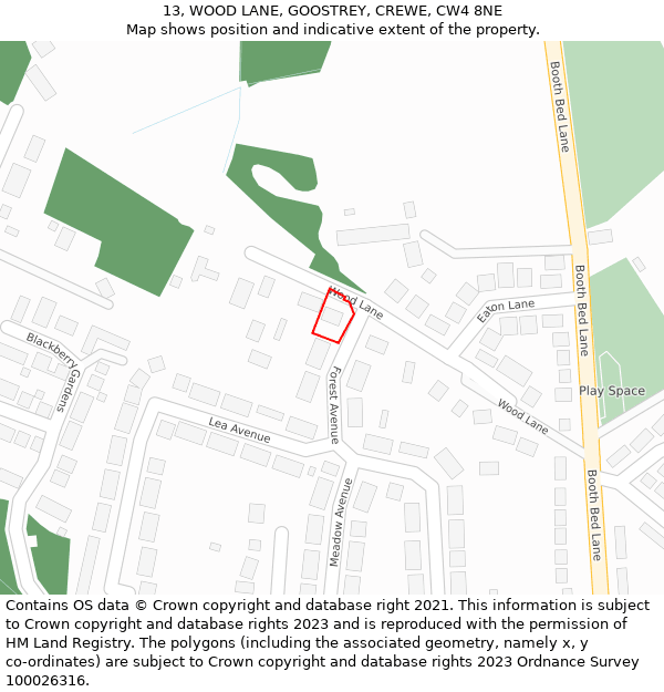 13, WOOD LANE, GOOSTREY, CREWE, CW4 8NE: Location map and indicative extent of plot
