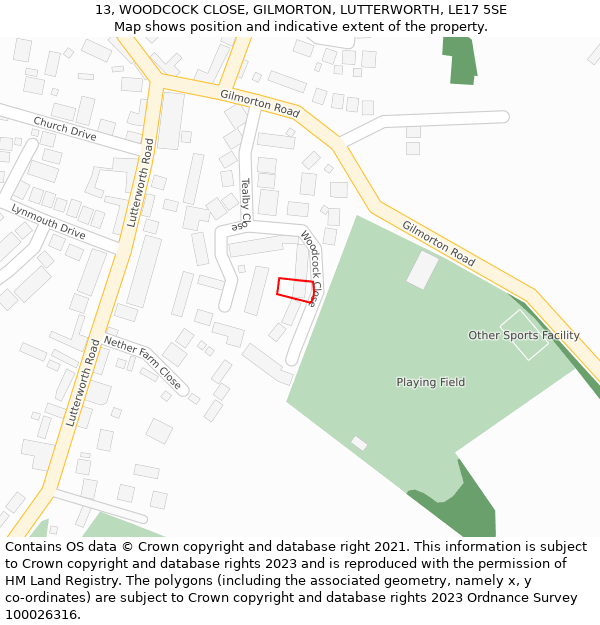 13, WOODCOCK CLOSE, GILMORTON, LUTTERWORTH, LE17 5SE: Location map and indicative extent of plot