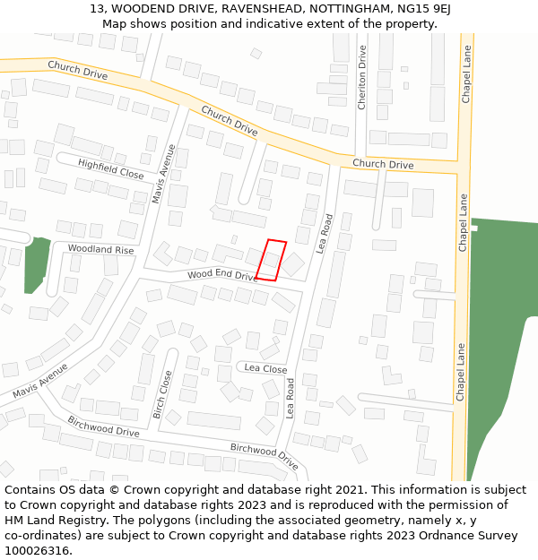 13, WOODEND DRIVE, RAVENSHEAD, NOTTINGHAM, NG15 9EJ: Location map and indicative extent of plot