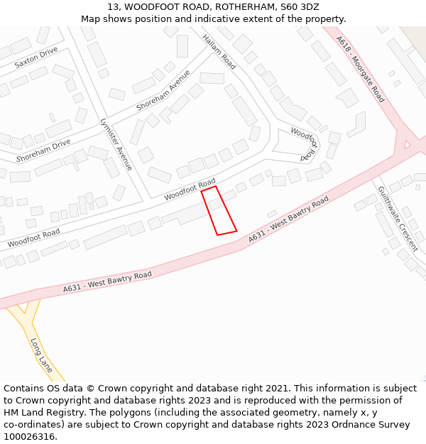 13, WOODFOOT ROAD, ROTHERHAM, S60 3DZ: Location map and indicative extent of plot