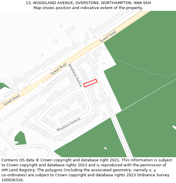 13, WOODLAND AVENUE, OVERSTONE, NORTHAMPTON, NN6 0AH: Location map and indicative extent of plot