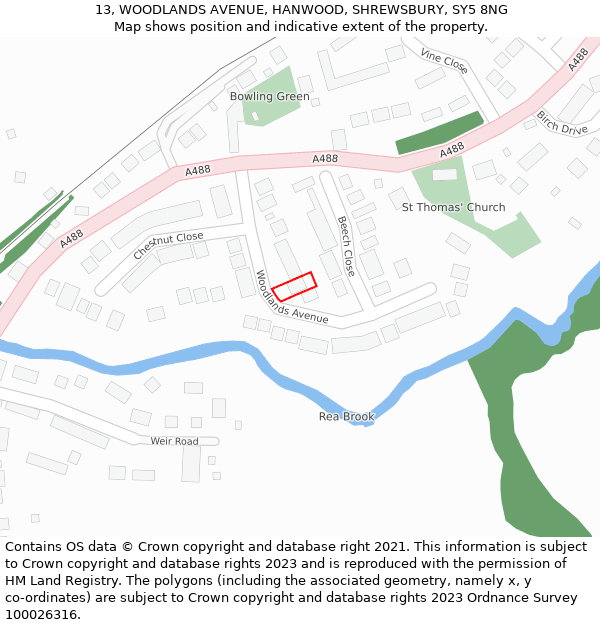 13, WOODLANDS AVENUE, HANWOOD, SHREWSBURY, SY5 8NG: Location map and indicative extent of plot