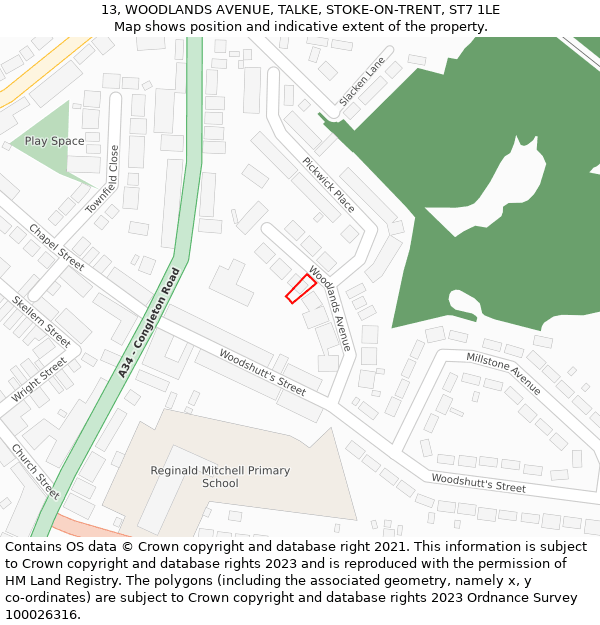 13, WOODLANDS AVENUE, TALKE, STOKE-ON-TRENT, ST7 1LE: Location map and indicative extent of plot