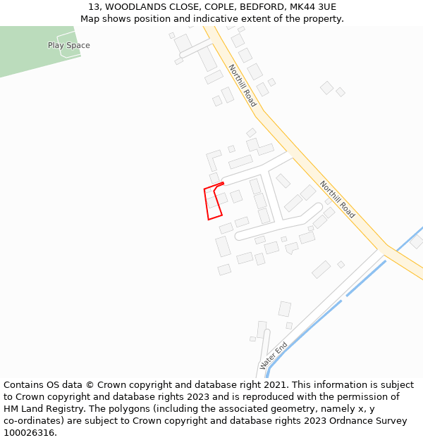 13, WOODLANDS CLOSE, COPLE, BEDFORD, MK44 3UE: Location map and indicative extent of plot