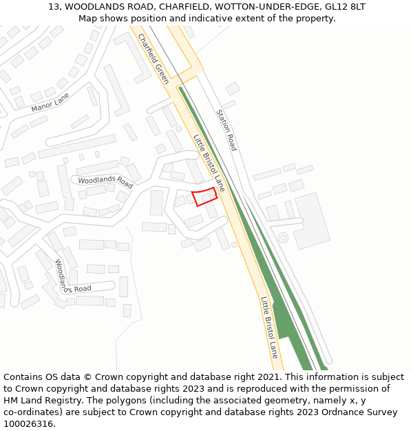 13, WOODLANDS ROAD, CHARFIELD, WOTTON-UNDER-EDGE, GL12 8LT: Location map and indicative extent of plot