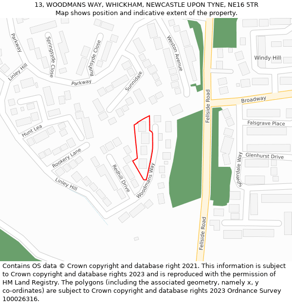 13, WOODMANS WAY, WHICKHAM, NEWCASTLE UPON TYNE, NE16 5TR: Location map and indicative extent of plot